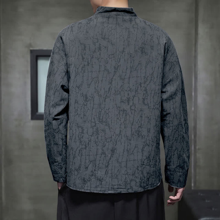 Buddha Stones Spring Tang Style Vintage Mandarin Collar Frog Button Solid Men's Long Sleeve Shirts - image 3