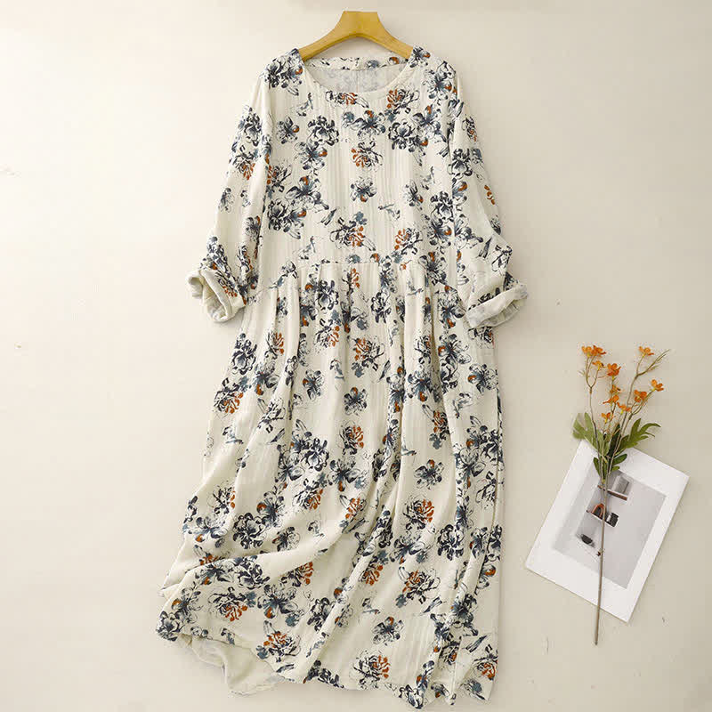 Buddha Stones Spring Fall Casual Boho Drawstring Floral Crew Neck Women's Long Sleeve Dress With Pockets - Beige - US14, UK/AU18, EU46 (2XL) - image 0