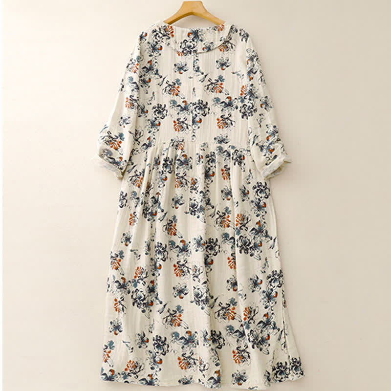 Buddha Stones Spring Fall Casual Boho Drawstring Floral Crew Neck Women's Long Sleeve Dress With Pockets - image 1