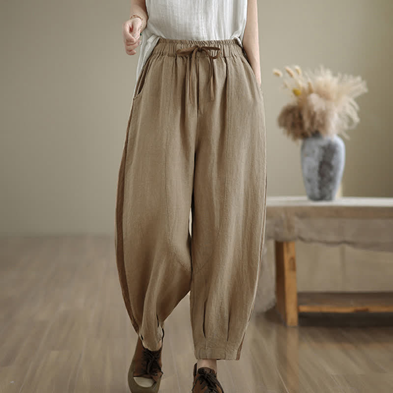Buddha Stones Spring Summer Casual Minimalist Drawstring Solid Cropped Pants Women's Tapered Pants With Pocket - Tan - US8-10, UK/AU12-14, EU40-42 (2XL) - image 11