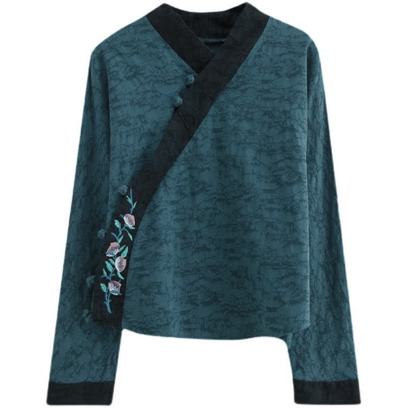 Buddha Stones Spring Fall Elegant Tang Style Embroidery Floral Women's Long Sleeve Shirts - image 4