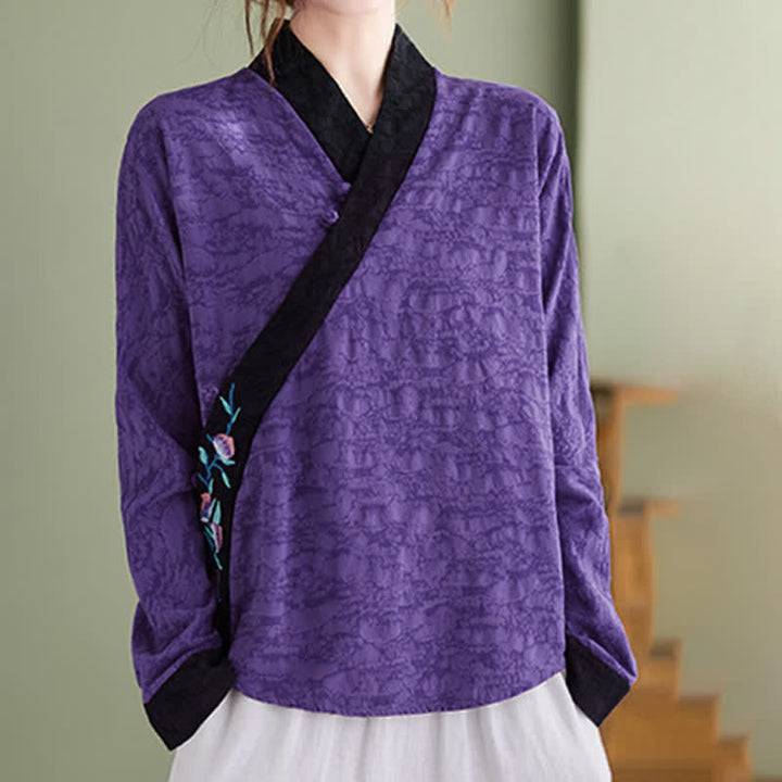 Buddha Stones Spring Fall Elegant Tang Style Embroidery Floral Women's Long Sleeve Shirts - RebeccaPurple - US8-10, UK/AU12-14, EU40-42 (2XL) - image 5