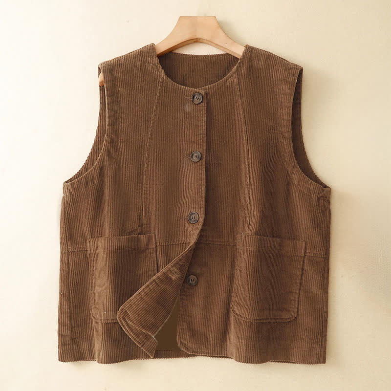 Buddha Stones Fall Winter Casual Vintage Button-Up Solid Corduroy Tank Top Women's Vest With Pockets - SaddleBrown - US8-10, UK/AU12-14, EU40-42 (2XL) - image 0