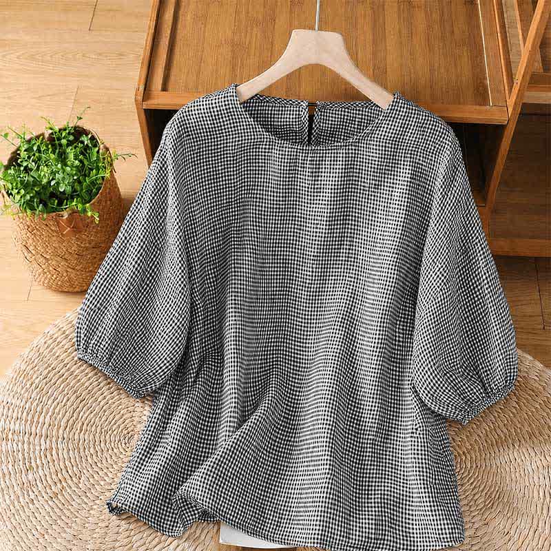 Buddha Stones Summer Casual Minimalist Plaid Crew Neck Women's Short Sleeve T-Shirts - Black - US12, UK/AU16, EU44 (2XL) - image 0