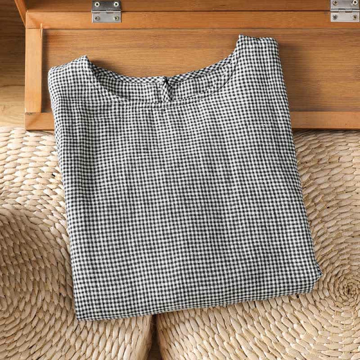 Buddha Stones Summer Casual Minimalist Plaid Crew Neck Women's Short Sleeve T-Shirts - image 2