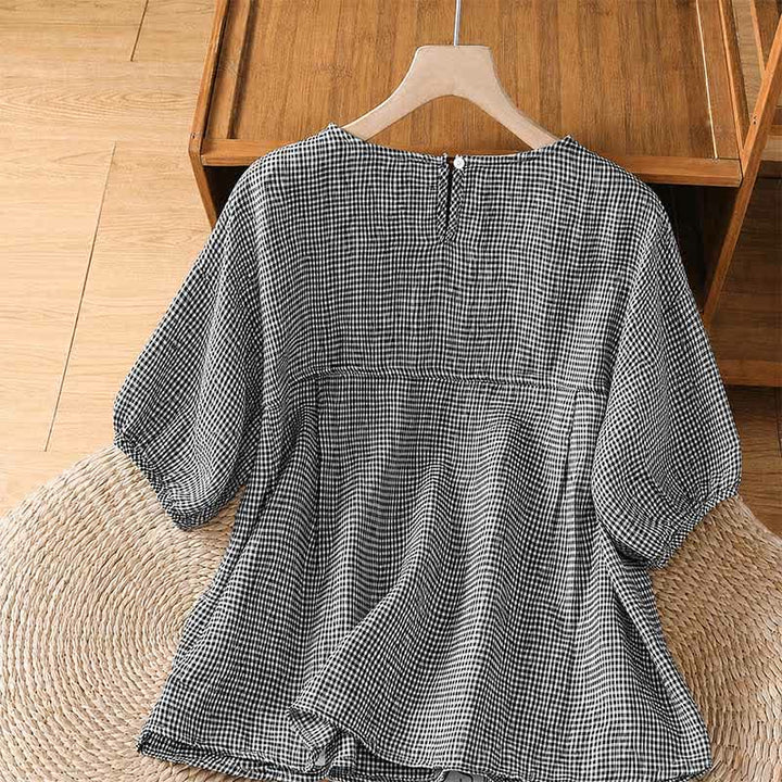 Buddha Stones Summer Casual Minimalist Plaid Crew Neck Women's Short Sleeve T-Shirts - image 1