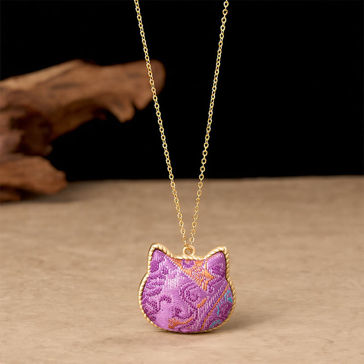 Buddha Stones Chinese Song Brocade Cat Head Copper Harmonic Connection Necklace - image 1