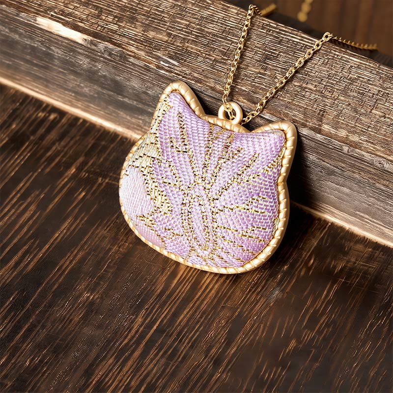 Buddha Stones Chinese Song Brocade Cat Head Copper Harmonic Connection Necklace - Purple(Same Color Tone – Pattern Varies) - image 6