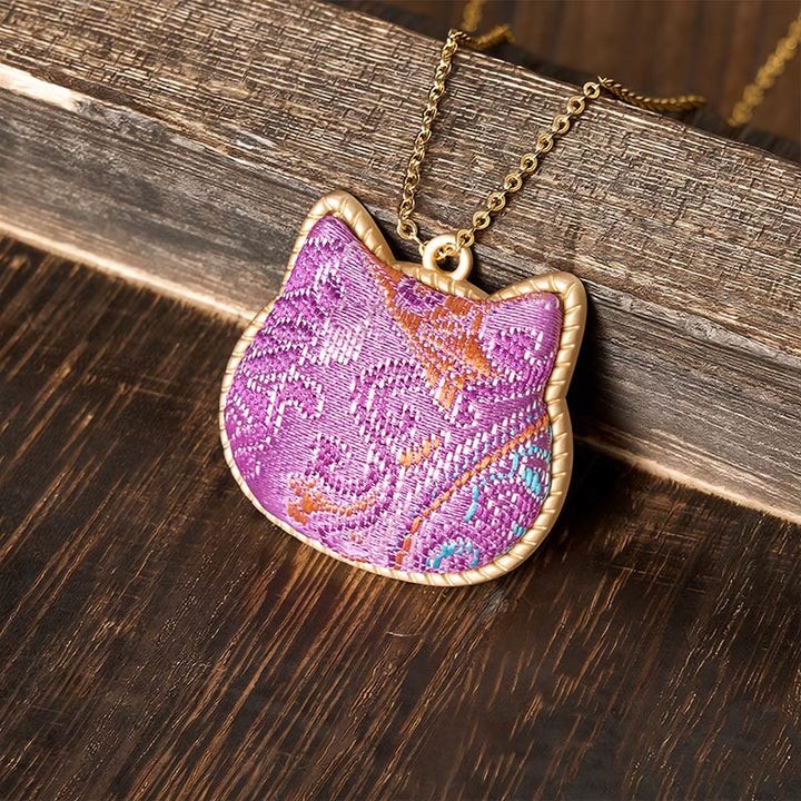 Buddha Stones Chinese Song Brocade Cat Head Copper Harmonic Connection Necklace - Light Pink(Same Color Tone – Pattern Varies) - image 0