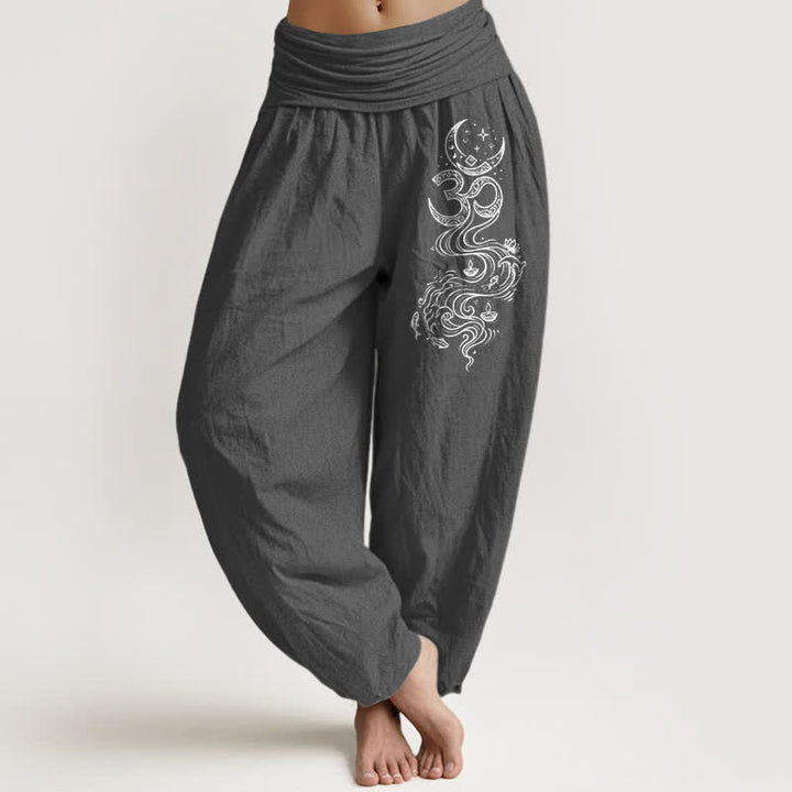 Buddha Stones Pure Cotton Sacred Moon Om Pattern Women's Elastic Waist Harem Pants - DimGray - US16，UK/AU20，EU48 (3XL) - image 0