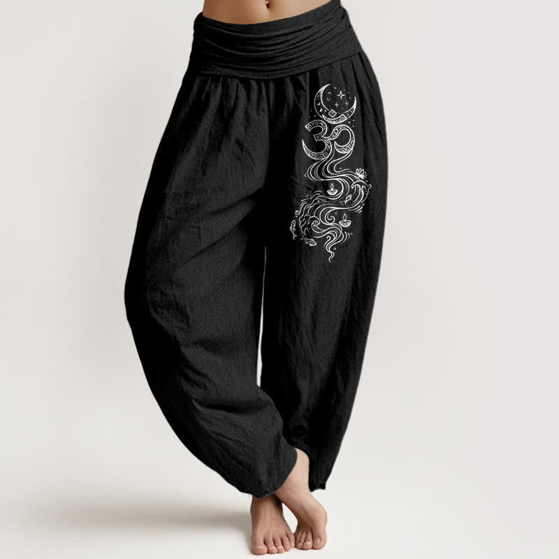 Buddha Stones Pure Cotton Sacred Moon Om Pattern Women's Elastic Waist Harem Pants - Black - US16，UK/AU20，EU48 (3XL) - image 5