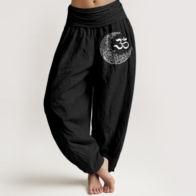 Buddha Stones Pure Cotton Boho Om Moon Crescent Pattern Women's Elastic Waist Harem Pants - Black - US16，UK/AU20，EU48 (3XL) - image 0