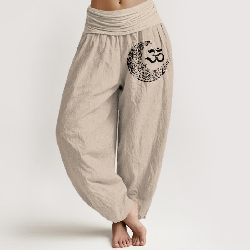Buddha Stones Pure Cotton Boho Om Moon Crescent Pattern Women's Elastic Waist Harem Pants - Tan - US16，UK/AU20，EU48 (3XL) - image 11