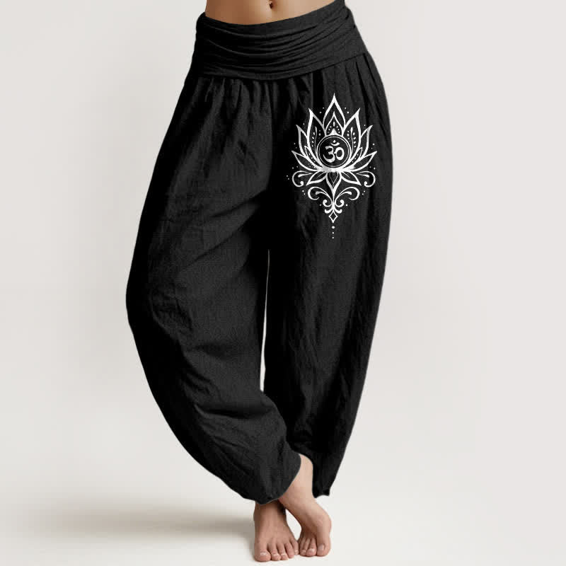 Buddha Stones Pure Cotton White Lotus Om Pattern Women's Elastic Waist Harem Pants - Black - US16，UK/AU20，EU48 (3XL) - image 5