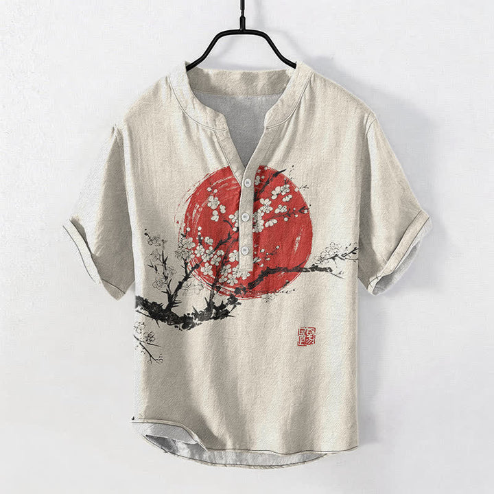 Buddha Stones Cotton Ink Plum Blossom Sun Pattern Men's Short Sleeve Half Button Shirt - Linen - US/UK/AU50，EU60 (5XL) - image 0
