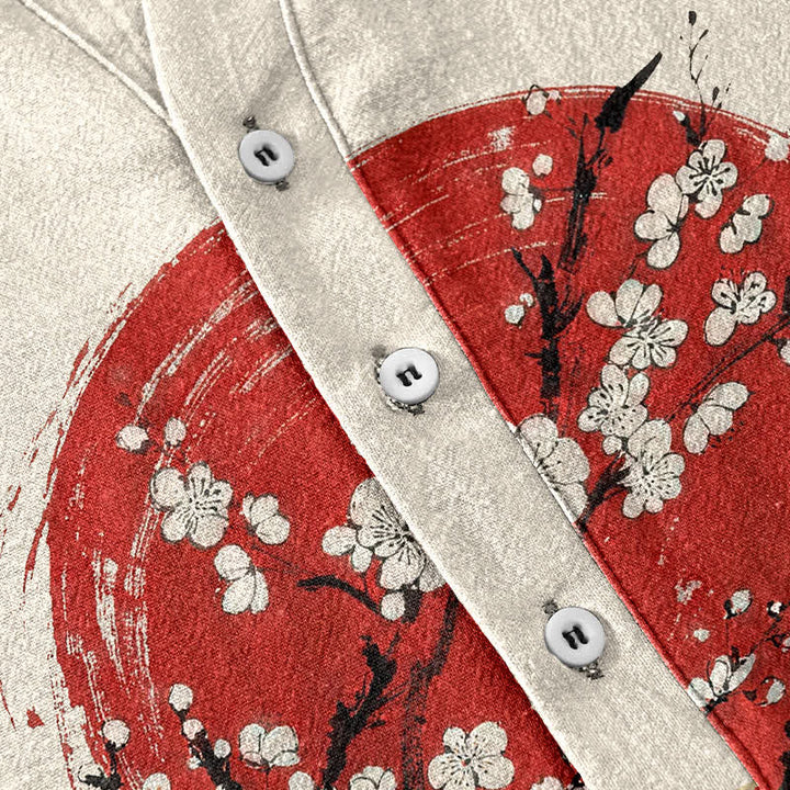 Buddha Stones Cotton Ink Plum Blossom Sun Pattern Men's Short Sleeve Half Button Shirt - image 3
