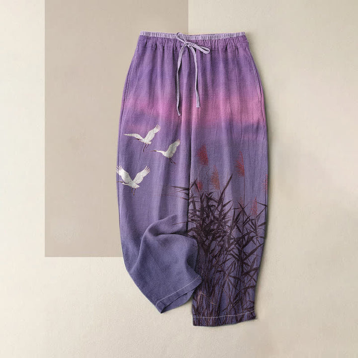 Buddha Stones Pure Cotton Bamboo Crane Pattern Women's Elastic Waist Pants With Pockets - MediumPurple - US16，UK/AU20，EU48 (3XL) - image 4