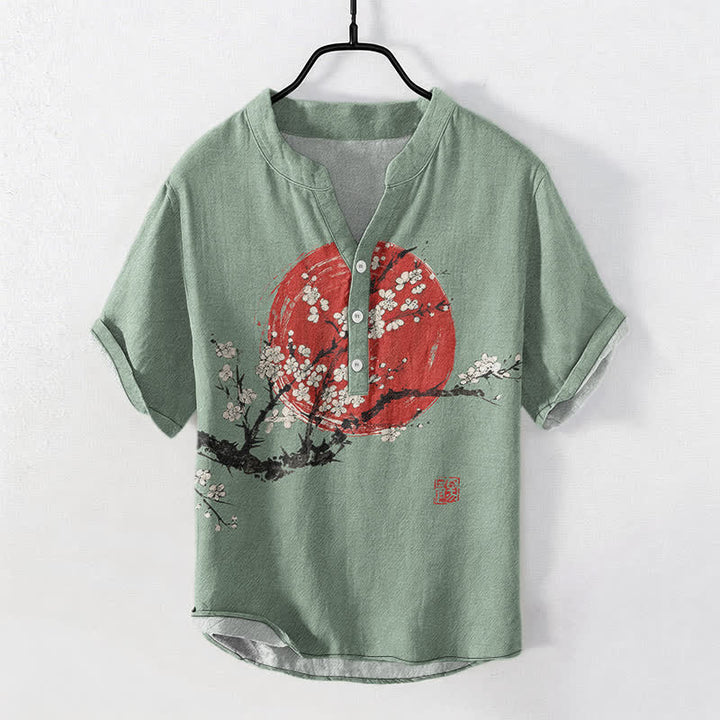 Buddha Stones Cotton Ink Plum Blossom Sun Pattern Men's Short Sleeve Half Button Shirt - DarkSeaGreen - US/UK/AU50，EU60 (5XL) - image 7