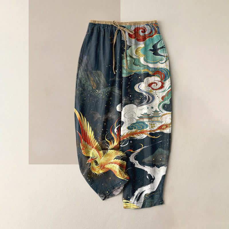 Buddha Stones Pure Cotton Elegant Phoenix Cloud Pattern Women's Elastic Waist Pants With Pockets - MidnightBlue - US16，UK/AU20，EU48 (3XL) - image 5