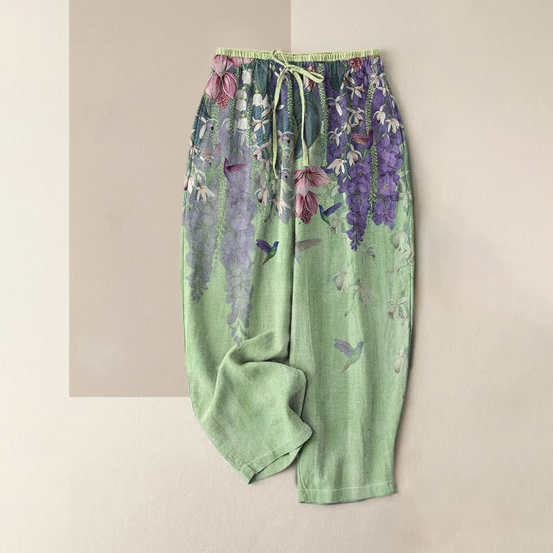 Buddha Stones Pure Cotton Floral Bird Pattern Women's Elastic Waist Pants With Pockets - LightGreen - US16，UK/AU20，EU48 (3XL) - image 3