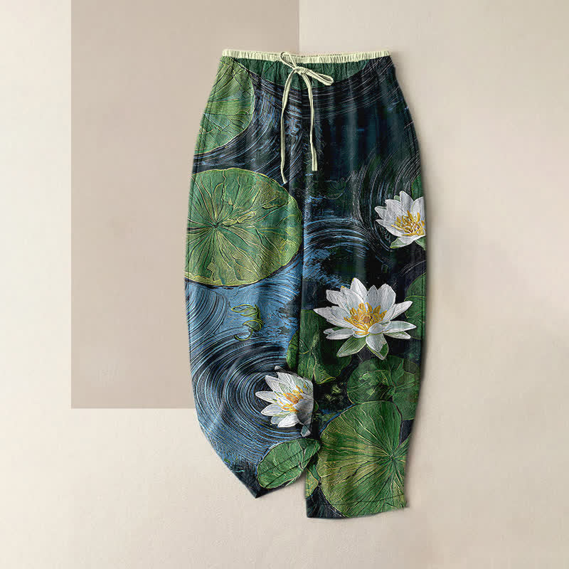 Buddha Stones Pure Cotton Lotus Pond Pattern Women's Elastic Waist Pants With Pockets - Blue - US16，UK/AU20，EU48 (3XL) - image 0
