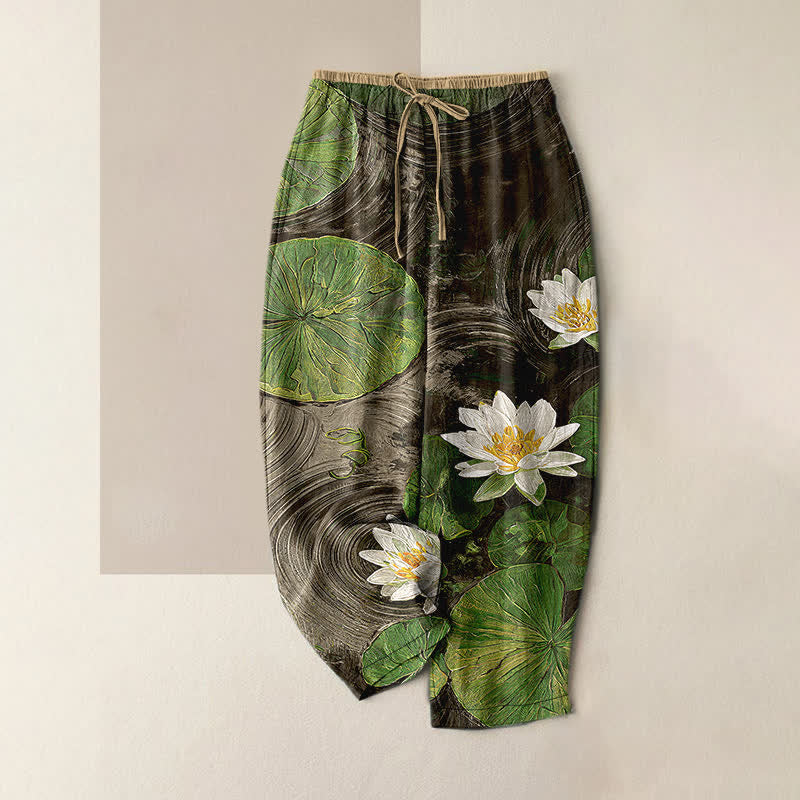 Buddha Stones Pure Cotton Lotus Pond Pattern Women's Elastic Waist Pants With Pockets - DarkOliveGreen - US16，UK/AU20，EU48 (3XL) - image 4