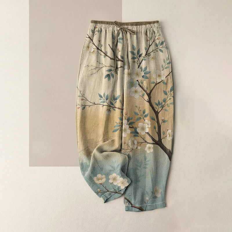 Buddha Stones Pure Cotton Ink Blossom Branch Pattern Women's Elastic Waist Pants With Pockets - Beige - US16，UK/AU20，EU48 (3XL) - image 0