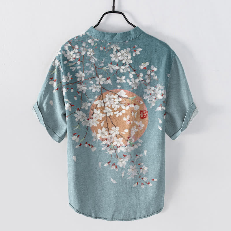 Buddha Stones Cotton Sakura Branch Sun Pattern Men's Short Sleeve Half Button Shirt - image 6