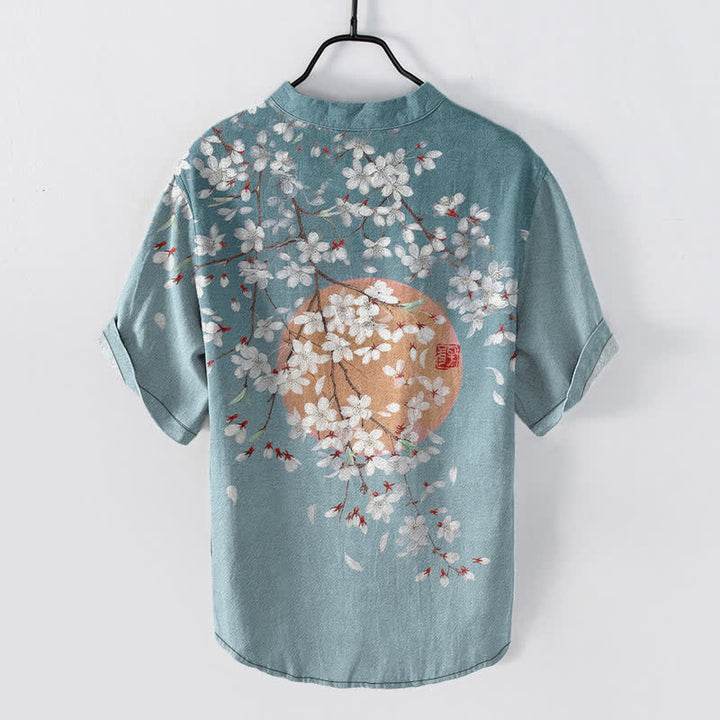 Buddha Stones Cotton Sakura Branch Sun Pattern Men's Short Sleeve Half Button Shirt - image 6