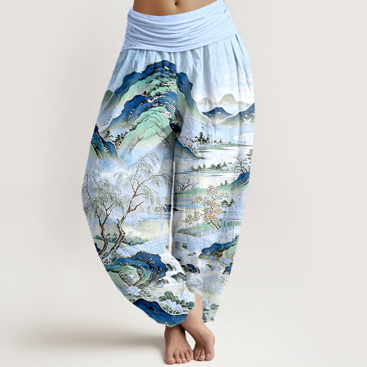 Buddha Stones Cotton Oriental Landscape Painting Pattern Women's Elastic Waist Harem Pants - LightBlue - US16，UK/AU20，EU48 (3XL) - image 8