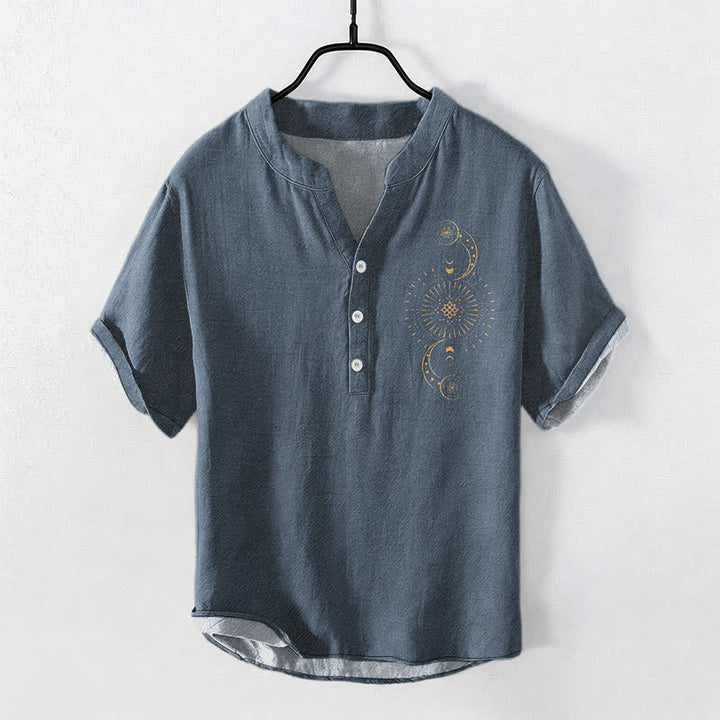 Buddha Stones Cotton Sun Moon Star Pattern Men's Short Sleeve Half Button Shirt - SteelBlue - US/UK/AU50，EU60 (5XL) - image 0