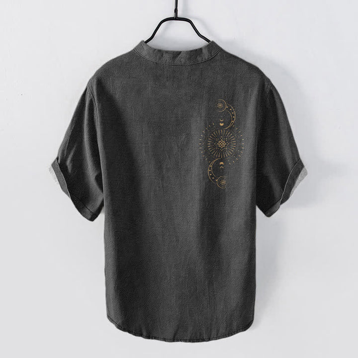 Buddha Stones Cotton Sun Moon Star Pattern Men's Short Sleeve Half Button Shirt - image 6