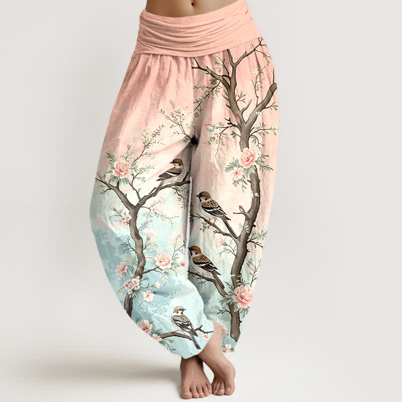 Buddha Stones Cotton Oriental Blossom Bird Branch Pattern Women's Elastic Waist Harem Pants - LightPink - US16，UK/AU20，EU48 (3XL) - image 0