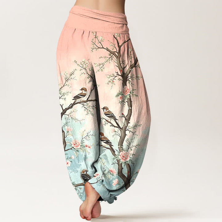 Buddha Stones Cotton Oriental Blossom Bird Branch Pattern Women's Elastic Waist Harem Pants - image 2