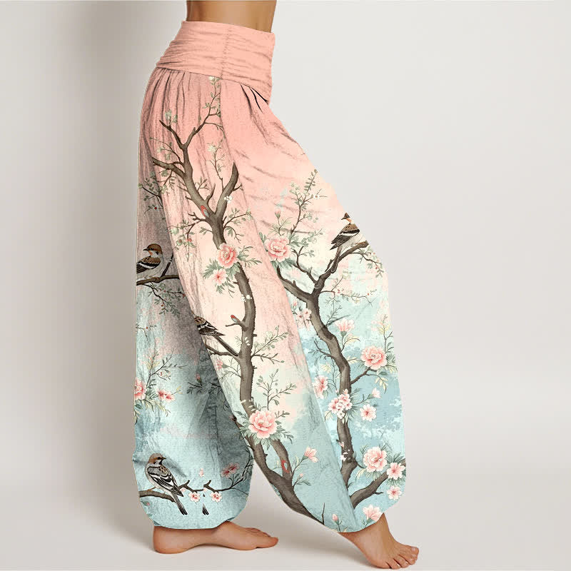 Buddha Stones Cotton Oriental Blossom Bird Branch Pattern Women's Elastic Waist Harem Pants - image 1