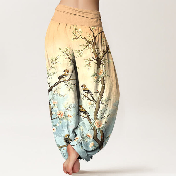 Buddha Stones Cotton Oriental Blossom Bird Branch Pattern Women's Elastic Waist Harem Pants - image 7