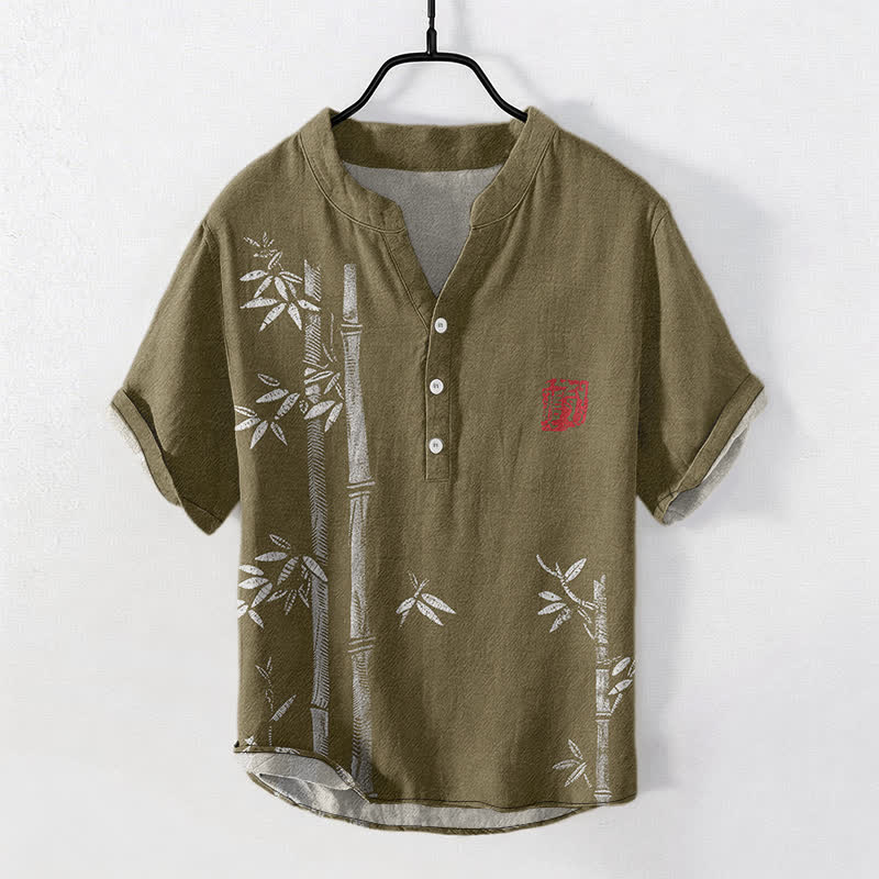 Buddha Stones Cotton Ink Bamboo Pattern Men's Short Sleeve Half Button Shirt - Sienna - US/UK/AU50，EU60 (5XL) - image 7