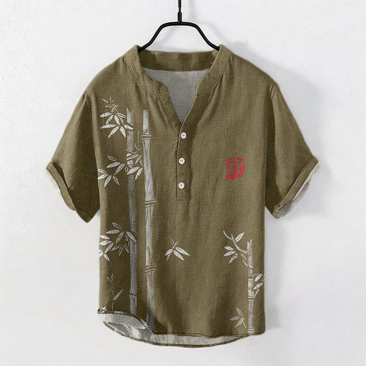 Buddha Stones Cotton Ink Bamboo Pattern Men's Short Sleeve Half Button Shirt - Sienna - US/UK/AU50，EU60 (5XL) - image 7