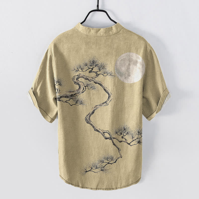 Buddha Stones Cotton Ink Moon Pine Pattern Men's Short Sleeve Half Button Shirt - image 6