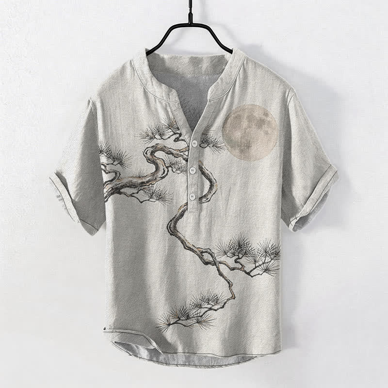 Buddha Stones Cotton Ink Moon Pine Pattern Men's Short Sleeve Half Button Shirt - Ivory - US/UK/AU50，EU60 (5XL) - image 7