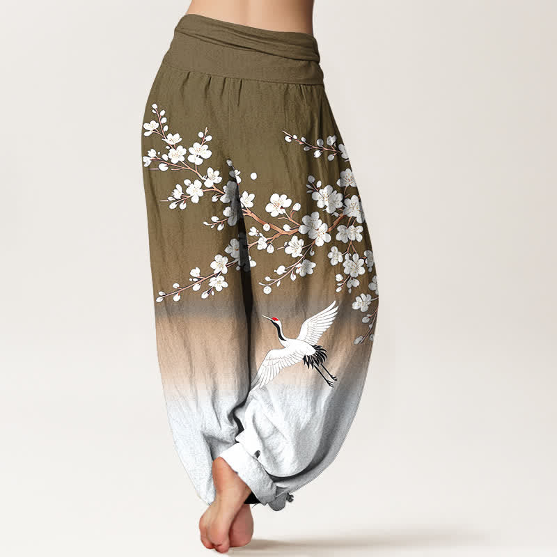 Buddha Stones Cotton White Crane Plum Blossom Pattern Women's Elastic Waist Harem Pants - image 10
