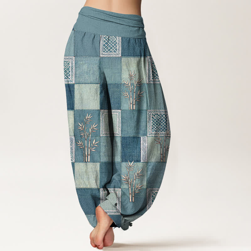 Buddha Stones Cotton Bamboo Patchwork Pattern Women's Elastic Waist Harem Pants - image 10