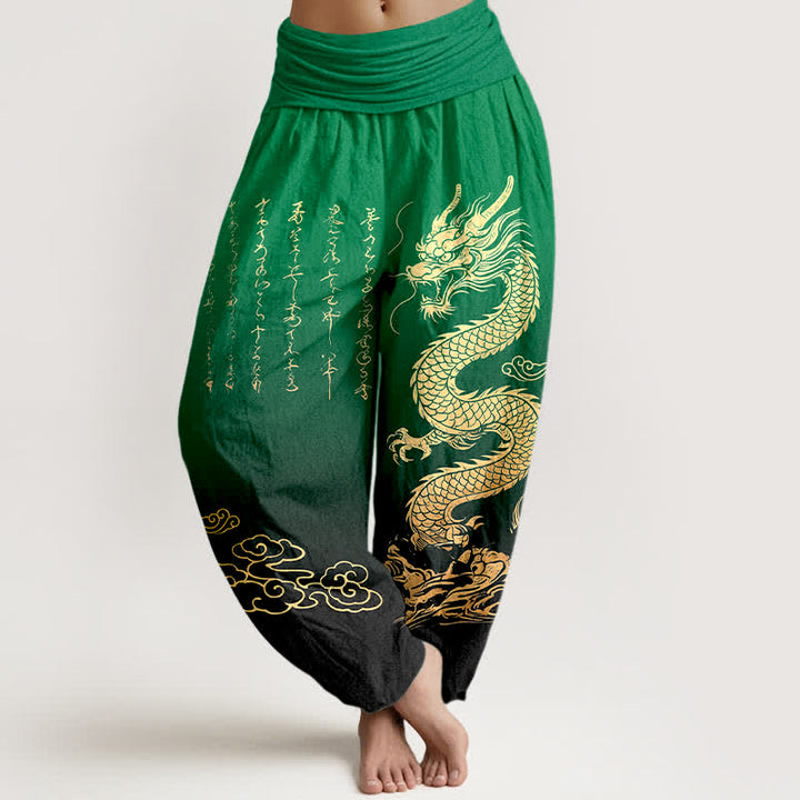 Buddha Stones Cotton Golden Dragon Cloud Pattern Women's Elastic Waist Harem Pants - Green - US16，UK/AU20，EU48 (3XL) - image 5