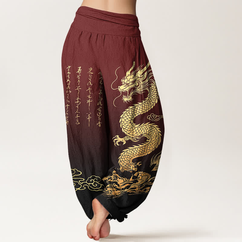 Buddha Stones Cotton Golden Dragon Cloud Pattern Women's Elastic Waist Harem Pants - image 10