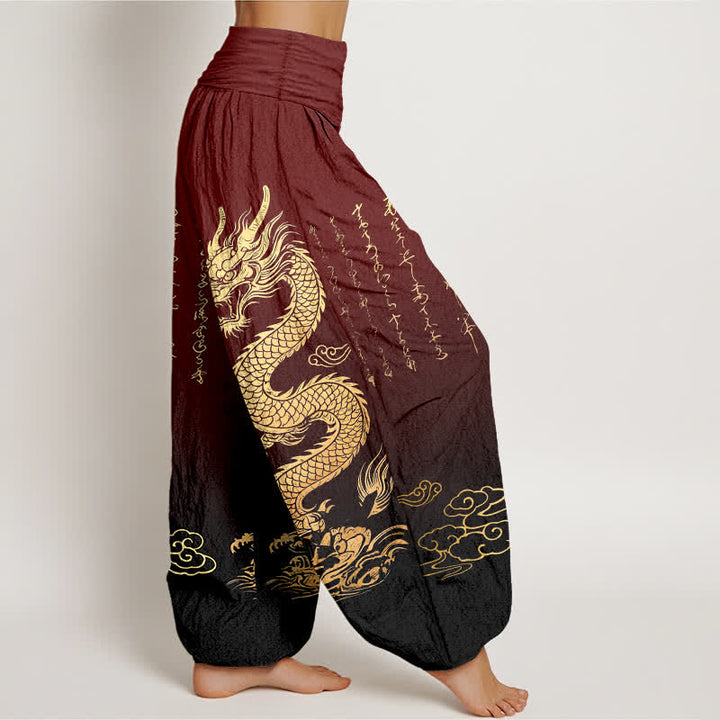Buddha Stones Cotton Golden Dragon Cloud Pattern Women's Elastic Waist Harem Pants - image 9