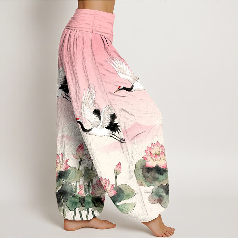 Buddha Stones Cotton Flying Crane Lotus Pattern Women's Elastic Waist Harem Pants - image 6