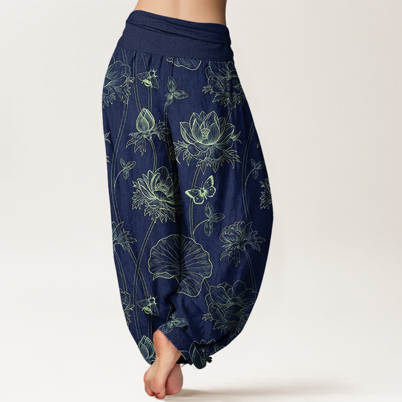 Buddha Stones Cotton Lotus Butterfly Sketch Pattern Women's Elastic Waist Harem Pants - image 2