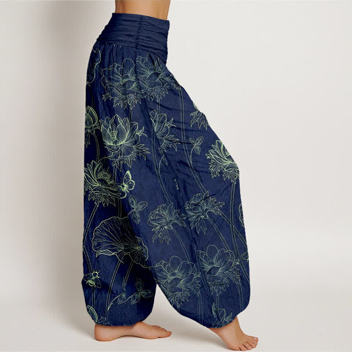 Buddha Stones Cotton Lotus Butterfly Sketch Pattern Women's Elastic Waist Harem Pants - image 1