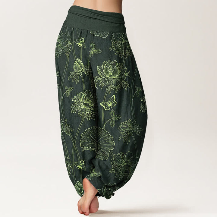 Buddha Stones Cotton Lotus Butterfly Sketch Pattern Women's Elastic Waist Harem Pants - image 9