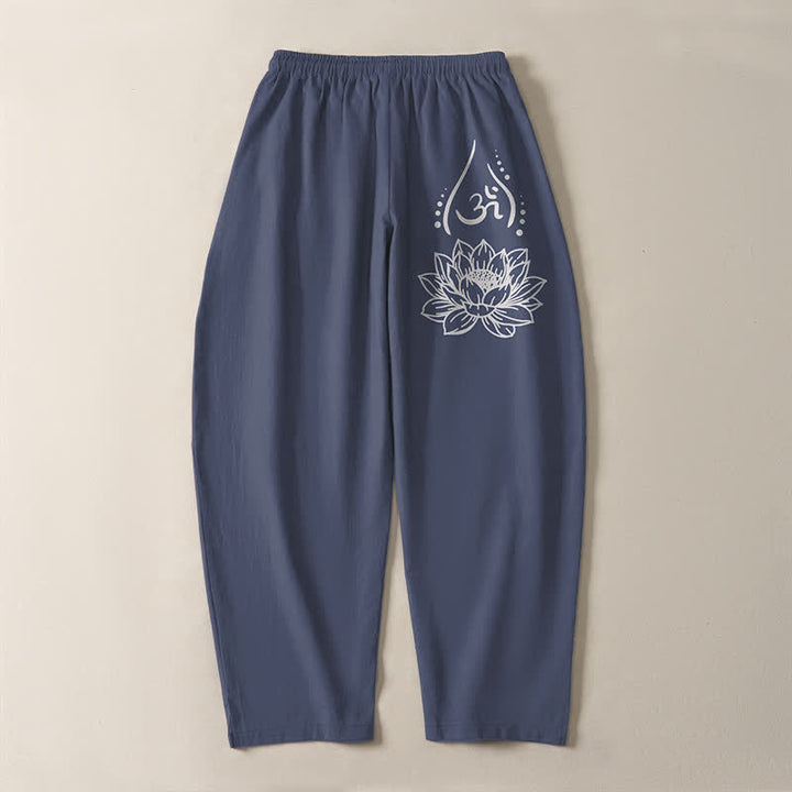 Buddha Stones Pure Cotton Sacred Lotus Om Pattern Drawstring Men's Tapered Pants With Pockets - image 3